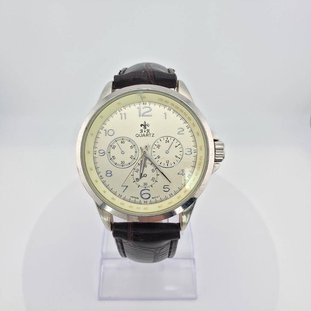 Vintage BELLA & ROSE Men's Watch Tachymeter Bezel Brown Leather Strap 8.75"